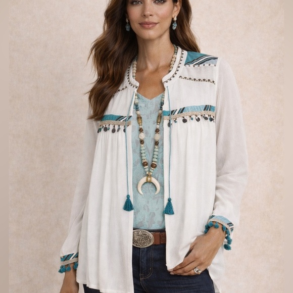 Western Bohemian Whimsical Embroidered Tie Tassel Cardigan 16 Petite - Picture 2 of 10
